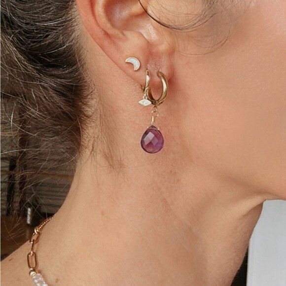 Amethyst Drop Huggie Earrings Waterproof Gold Dangle Earrings Genuine Gemstone - Picture 2 of 7